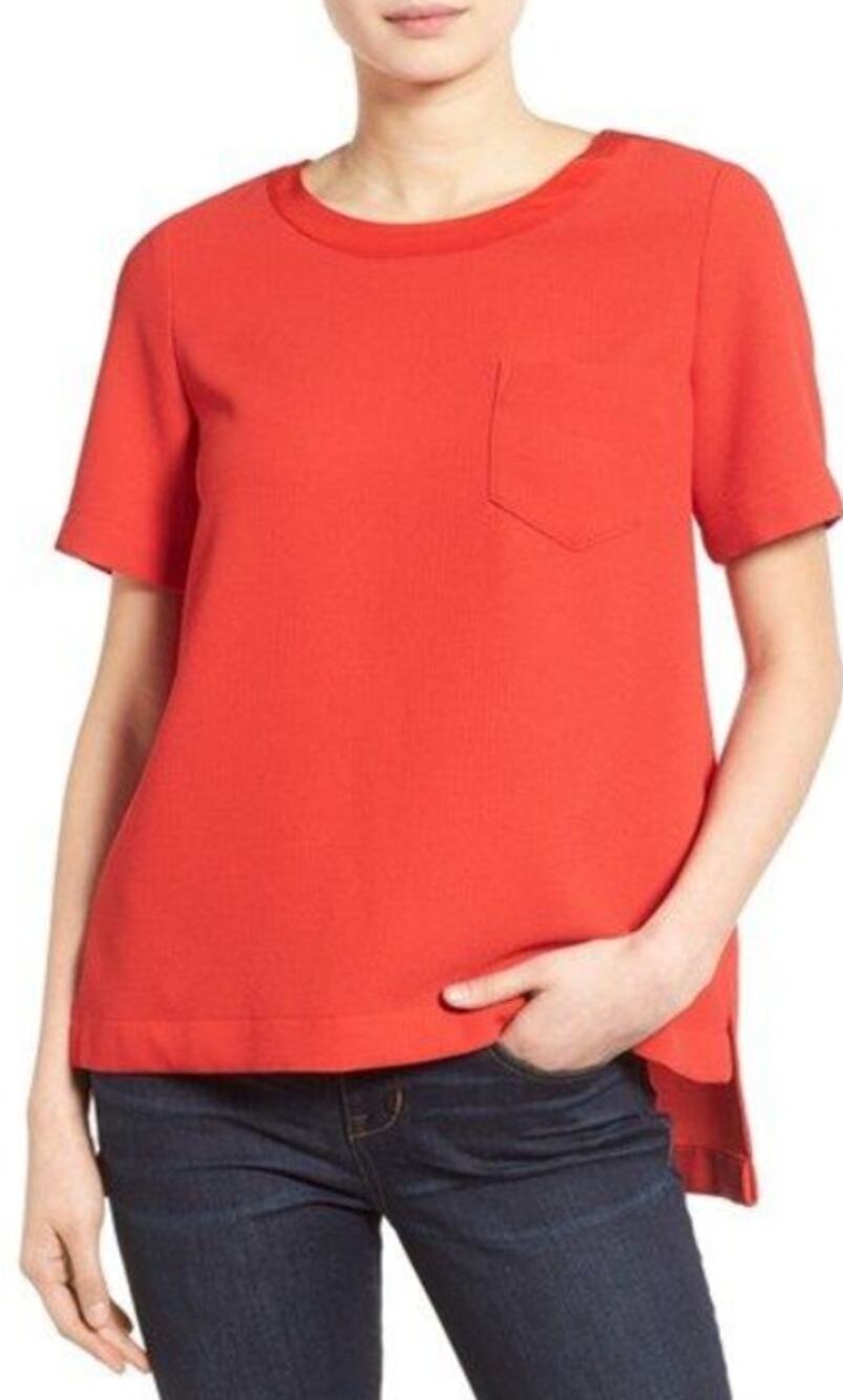 Madewell Red Short Sleeve Button Back Top Womens S Silk Trim High Low Crew Neck